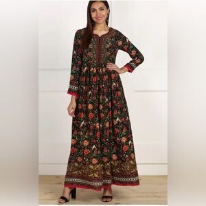 BIBA Sz 38 Maxi Floral Dress Ruffle Skirt Lined Long Sleeve Made in India